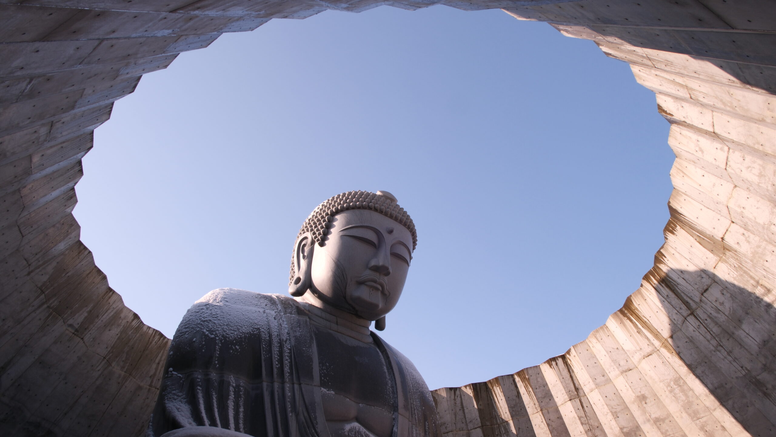 Looking up at the Hill of the Buddha through a circular opening in Sapporo, Hokkaido, Japan.